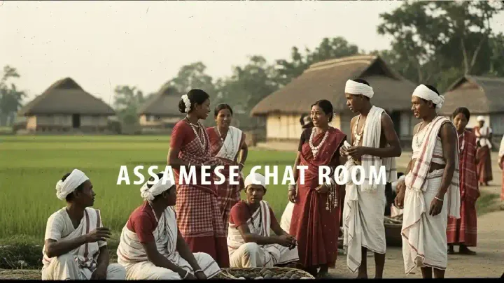 Assamese chat room with boys and girls in traditional Assamese dress, chatting near a paddy field and old mud house
