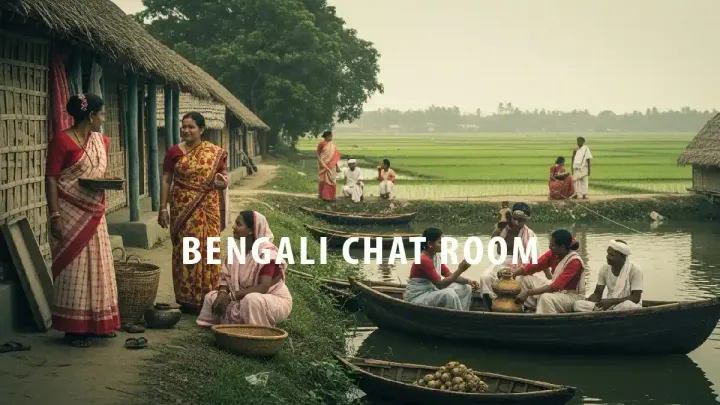 Bengali chat room with cultural dress, mud houses, and paddy field background showcasing rural Bengal