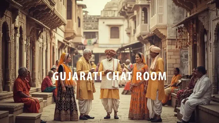 Traditional Gujarati chat room scene with men and women conversing in colorful attire in a village market