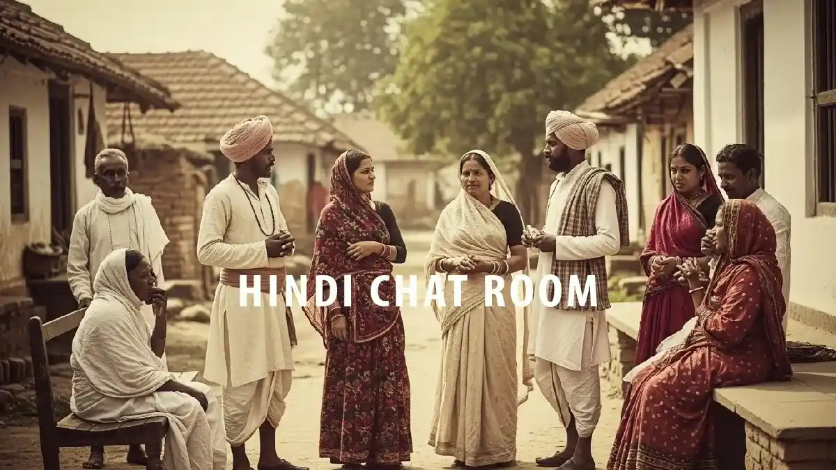 Group of people in ethnic Indian dress conversing in a Hindi chat room village background