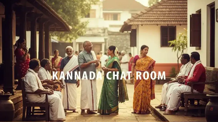 Kannada people in traditional dress chatting in a courtyard, symbolizing a vibrant Kannada chat room community.