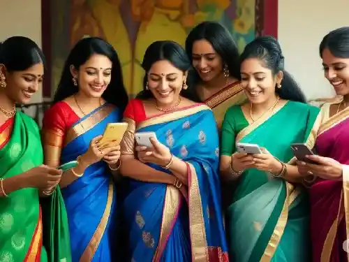 An illustration depicting two elderly men conversing with a young girl near a traditional temple in Kerala, surrounded by people in authentic Malayali attire – a scene reminiscent of a Malayalam chat room atmosphere.