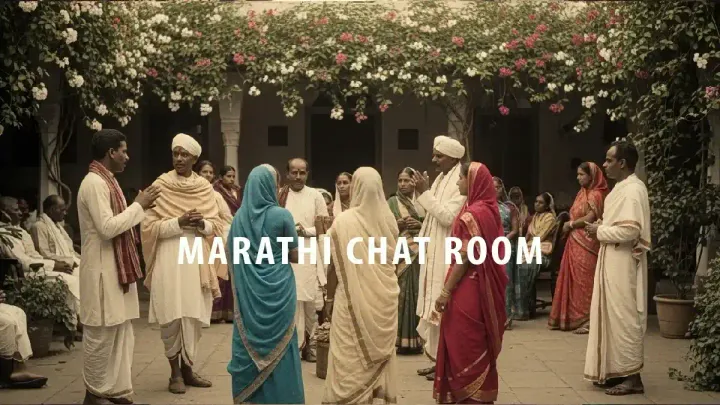 A gathering of Marathi men and women in traditional attire talking in a courtyard, representing a welcoming Marathi chat room.