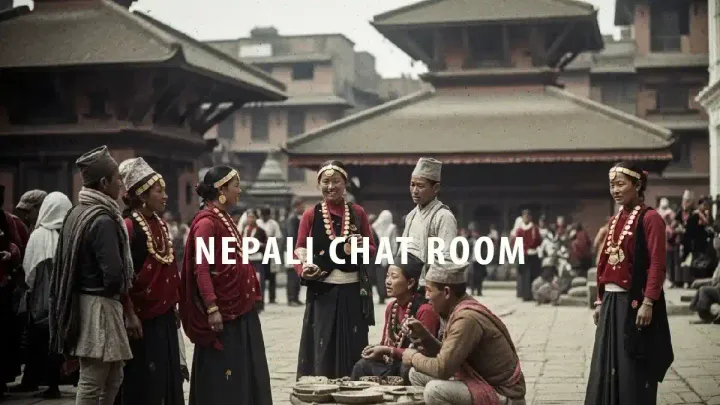 A group of Nepali people in traditional clothing and jewelry socializing in a historic town square, representing a friendly Nepali chat room.