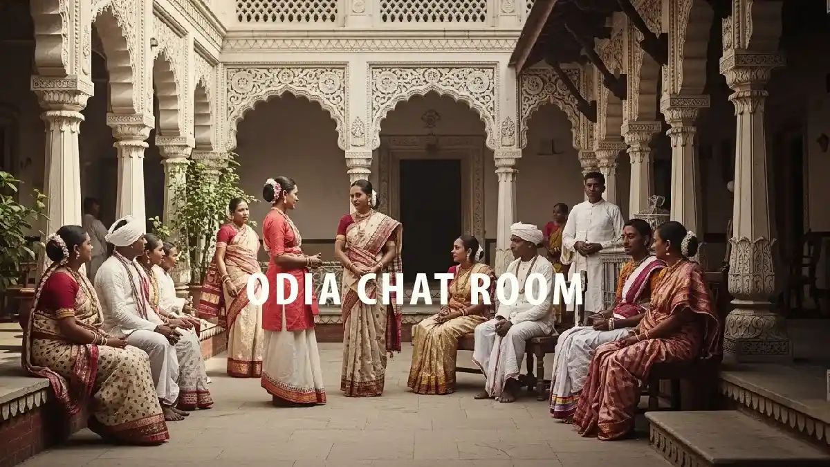 Odia men and women in traditional Sambalpuri sarees and attire gathered in an ornate courtyard, representing a community Odia chat room.