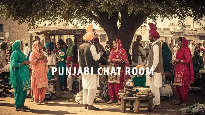 Punjabi men and women in colorful turbans and traditional salwar kameez talking in a lively Punjabi village, symbolizing an online Punjabi chat room community.