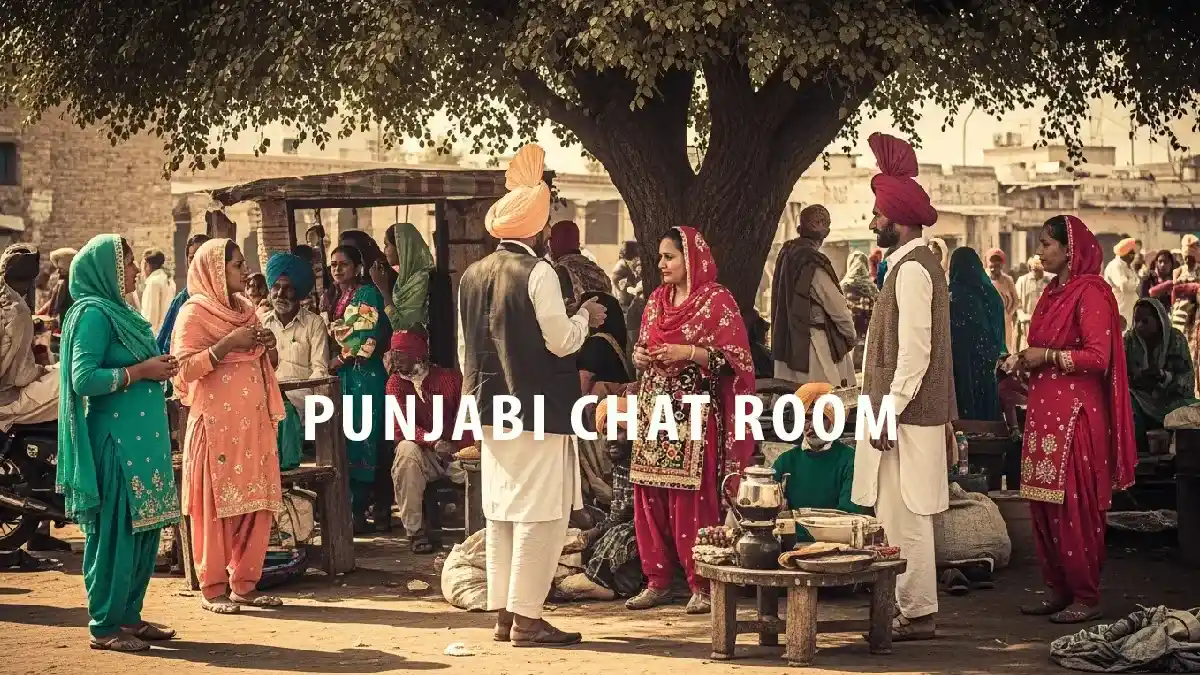 A group of Punjabi men and women in traditional attire, including turbans and colorful salwar kameez, socializing in a bustling village marketplace, representing a vibrant online Punjabi chat room.