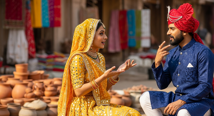 Rajasthani man and woman in traditional dress chatting happily online, celebrating Rajasthan's culture