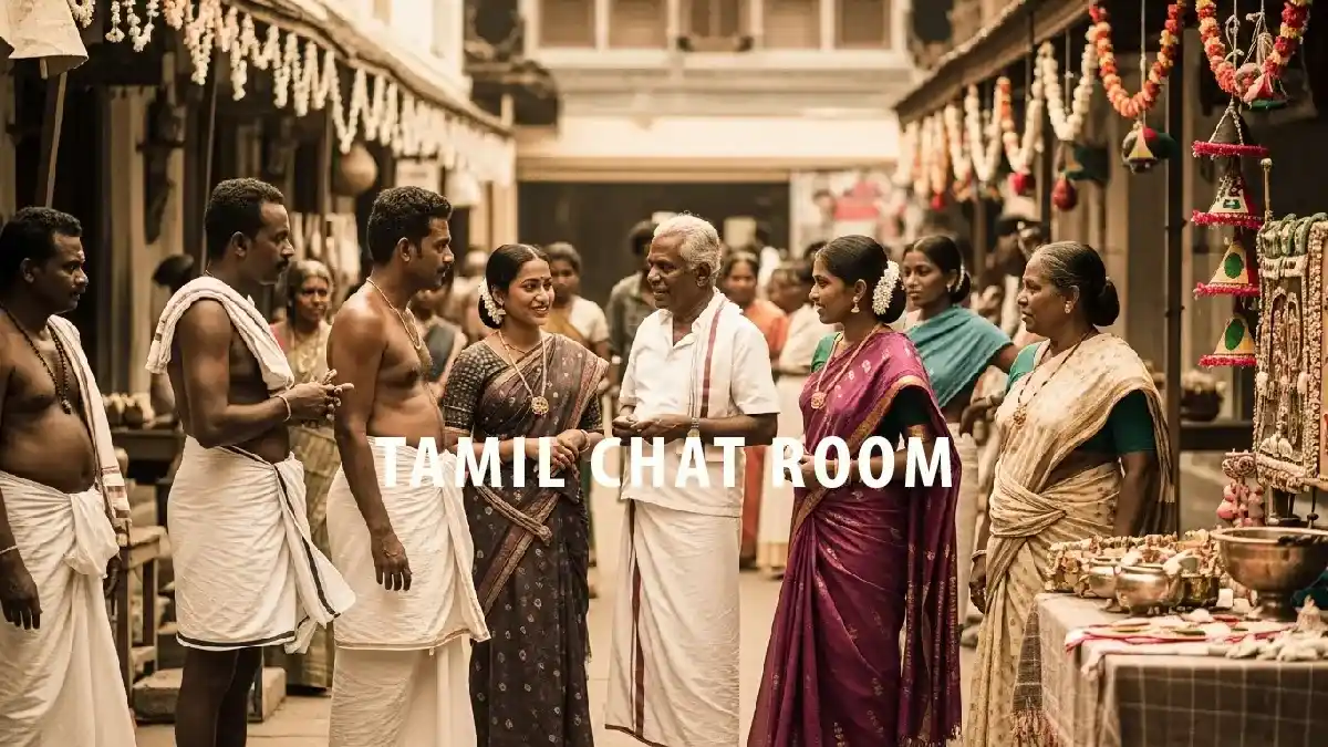 A group of Tamil men and women in traditional attire, including veshtis and sarees, conversing in a busy temple marketplace, symbolizing a vibrant online Tamil chat room.