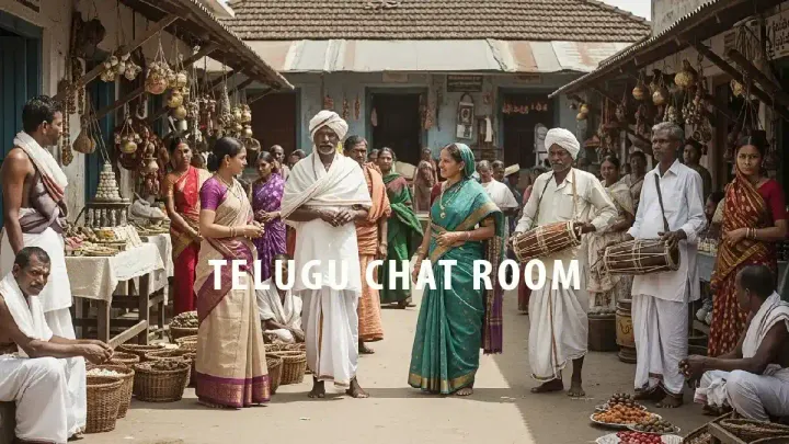 A vibrant Telugu chat room inspired by rural markets and friendly Telugu people connecting online